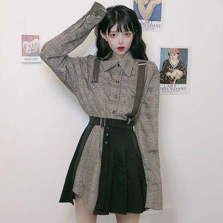 Long-sleeve Plaid Shirt Dress / High-waist Plaid Pleated Skirt
