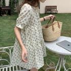 Puff-sleeve Floral Print Mini A-line Dress Almond - One Size