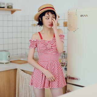 Checked Cold Shoulder Swimdress