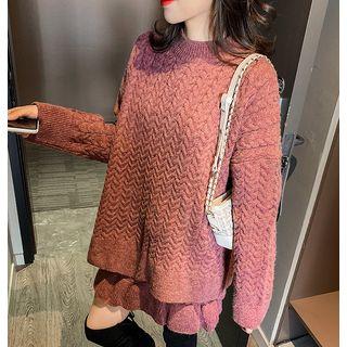 Set: Mock-turtleneck Melange Sweater + Ruffle Hem Knit Skirt