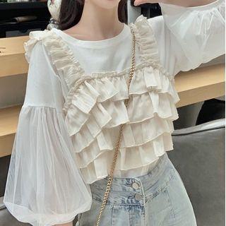 Puff-sleeve Round Neck Top / Sleeveless Ruffle Top
