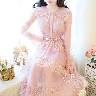 Long-sleeve Lace Trim Layered Midi Chiffon Dress