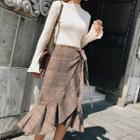Set: Long-sleeve Knit Top + Plaid Midi Pencil Skirt