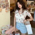 Short-sleeve Button-up Cherry Print Slim-fit Top / Denim Hot Pants