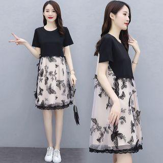Short-sleeve Butterfly Applique Chiffon Shift Dress