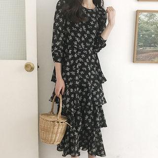 Round-neck Floral Long Tiered Dress With Sash