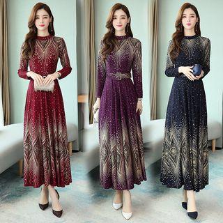 Long-sleeve Sequined Midi A-line Knit Dress