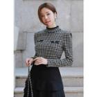Mock-neck Sharp-shoulder Check Top