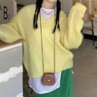 Long-sleeve Plain V-neck Knit Sweater Yellow - One Size