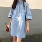 Plain Short-sleeve Shirtdress Blue - One Size