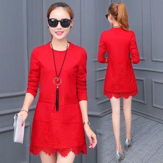 Long-sleeve Lace Hem A-line Dress