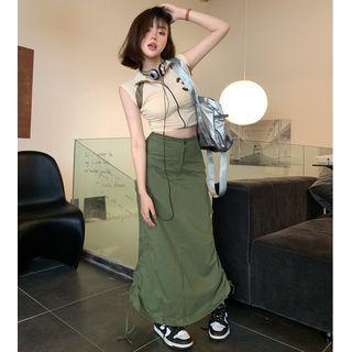 Sleeveless Zip Cropped Top / High-waist Drawstring Skirt