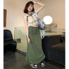 Sleeveless Zip Cropped Top / High-waist Drawstring Skirt