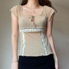 Short Sleeve Ruffled-trim Square-neck Lace-panel Crop Top