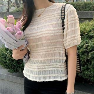 Short-sleeve Ruffle Blouse Beige - One Size
