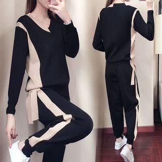Set: V-neck Knit Top + Knit Harem Pants