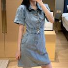 Short-sleeve Collar Denim Mini A-line Dress