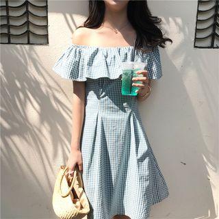 Plaid Off-shoulder Ruffle A-line Dress