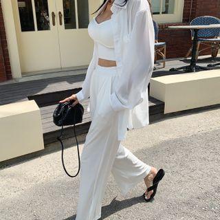 Set: Shirt + Padded Camisole Top + Wide-leg Pants