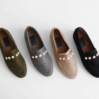 Faux-pearl Trim Faux-suede Loafers
