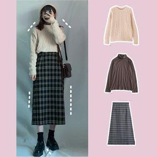 Turtleneck Plain T-shirt / Cable Knit Sweater / Plaid A-line Skirt