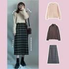 Turtleneck Plain T-shirt / Cable Knit Sweater / Plaid A-line Skirt