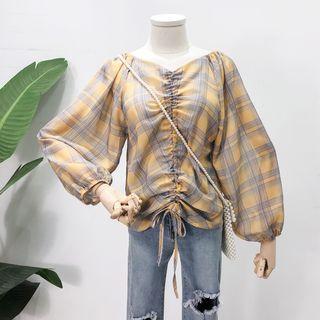 Bubble-sleeved Drawstring Plaid Blouse