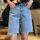 Fray-hem Straight-cut Denim Shorts