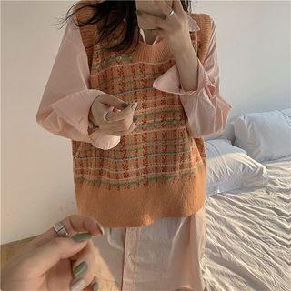 Long-sleeve Plain Shirt / Plaid Knit Vest / Scarf