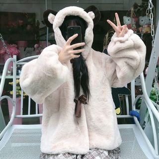 Bear Ear Hooded Ribbon Accent Fleece Jacket