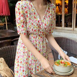 Floral Crinkled Midi Wrap Dress Cream - One Size