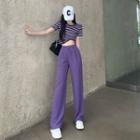 Short-sleeve Striped Cropped T-shirt / High Waist Loose Fit Pants