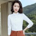Stand Collar Bow Accent Long-sleeve Shirt
