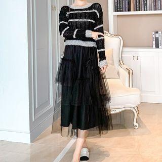 Striped Knit Top / Mesh Puffy Midi Skirt