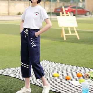 Set: Short-sleeve Embroidered T-shirt + Drawstring Waist Capri Pants
