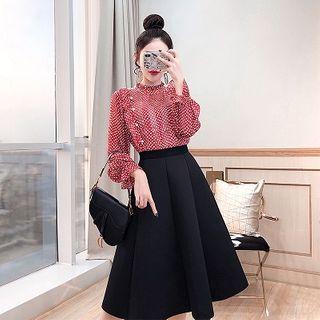 Set: Dotted Bell-sleeve Blouse + Midi A-line Skirt