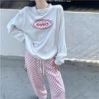 Round-neck Lettering Oversized Pullover / High-waist Plaid Straight-cut Pants