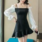 Long-sleeve Cold-shoulder Two-tone Mini A-line Dress