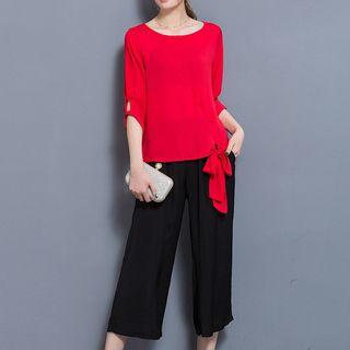 Set: Plain Elbow-sleeve Top + Capri Wide Leg Pants