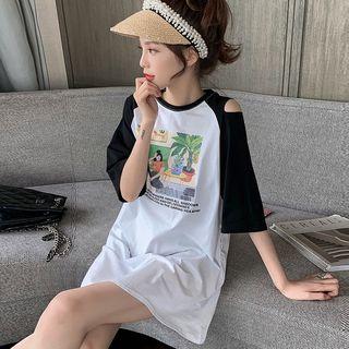 Elbow-sleeve Cutout Printed Mini T-shirt Dress