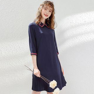 Collared 3/4-sleeve Accordion Pleat Mini Dress