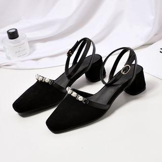 Faux Suede Beaded Ankle Strap Block Heel Sandals