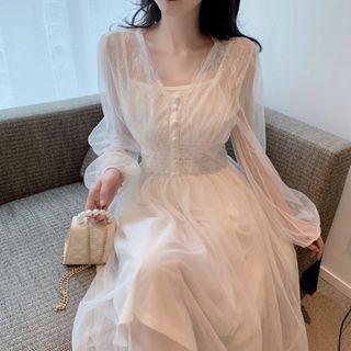 Balloon-sleeve Maxi A-line Mesh Dress