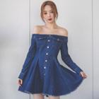 Off Shoulder Long-sleeve Denim A-line Dress