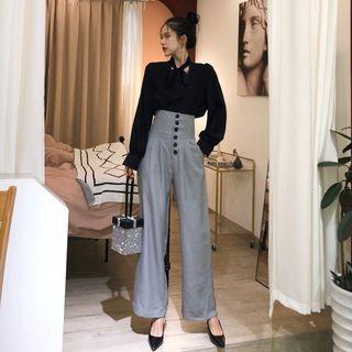 Tie-neck Blouse / High Waist Wide-leg Pants