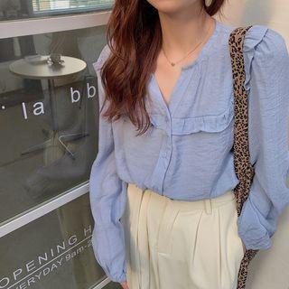 Wood Ear Trim Puff-sleeve Plain Shirt