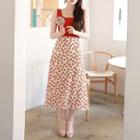 Set: Sleeveless Buttoned Knit Top + Long Floral Skirt Red - One Size