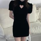 Set: Puff-sleeve Heart Cutout Mini Bodycon Qipao Dress + Arm Sleeves Black - One Size