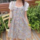 Short-sleeve Lace Blouse / Spaghetti Strap Floral Print Mini A-line Dress