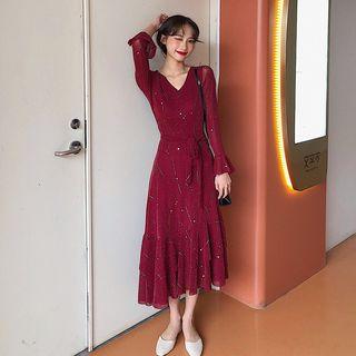 Bell-sleeve Midi A-line Sequined Dress
